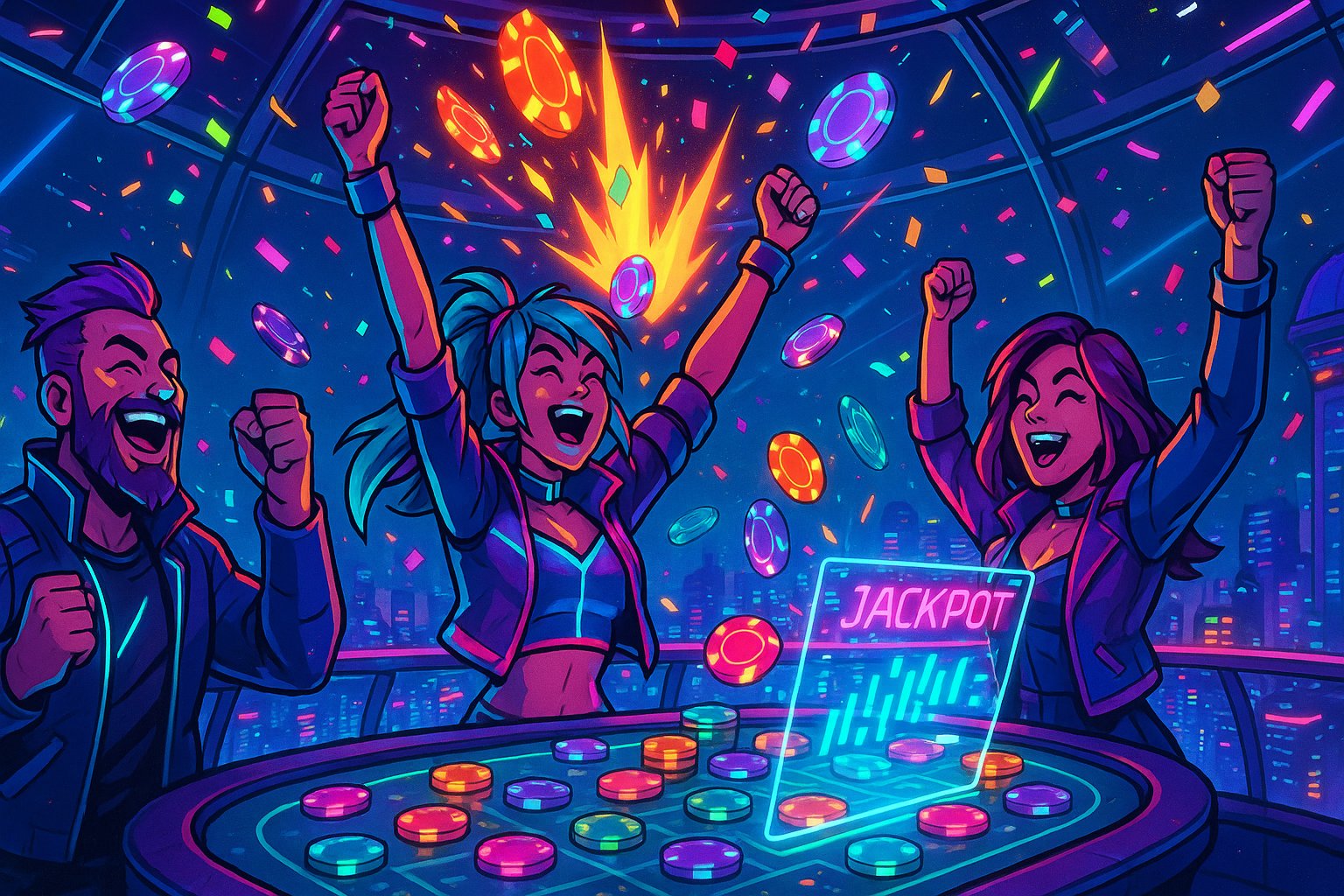 Ilustrasi permainan slot online futuristik dengan tampilan warna neon